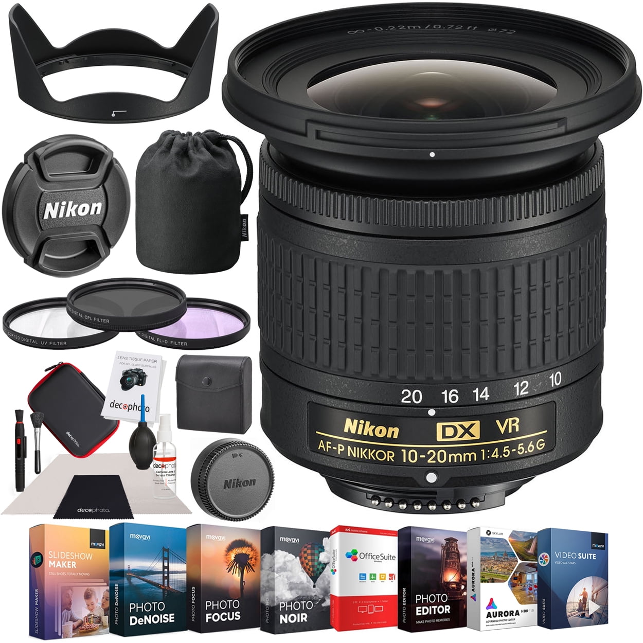 Nikon 067 Af P Dx Nikkor 10 mm F 4 5 5 6g Vr Lens Bundle With Photo And Video Professional Editing Suite 72mm Uv Polarizer Fld Deluxe Filter Kit And Cleaning Kit For Dslr Cameras