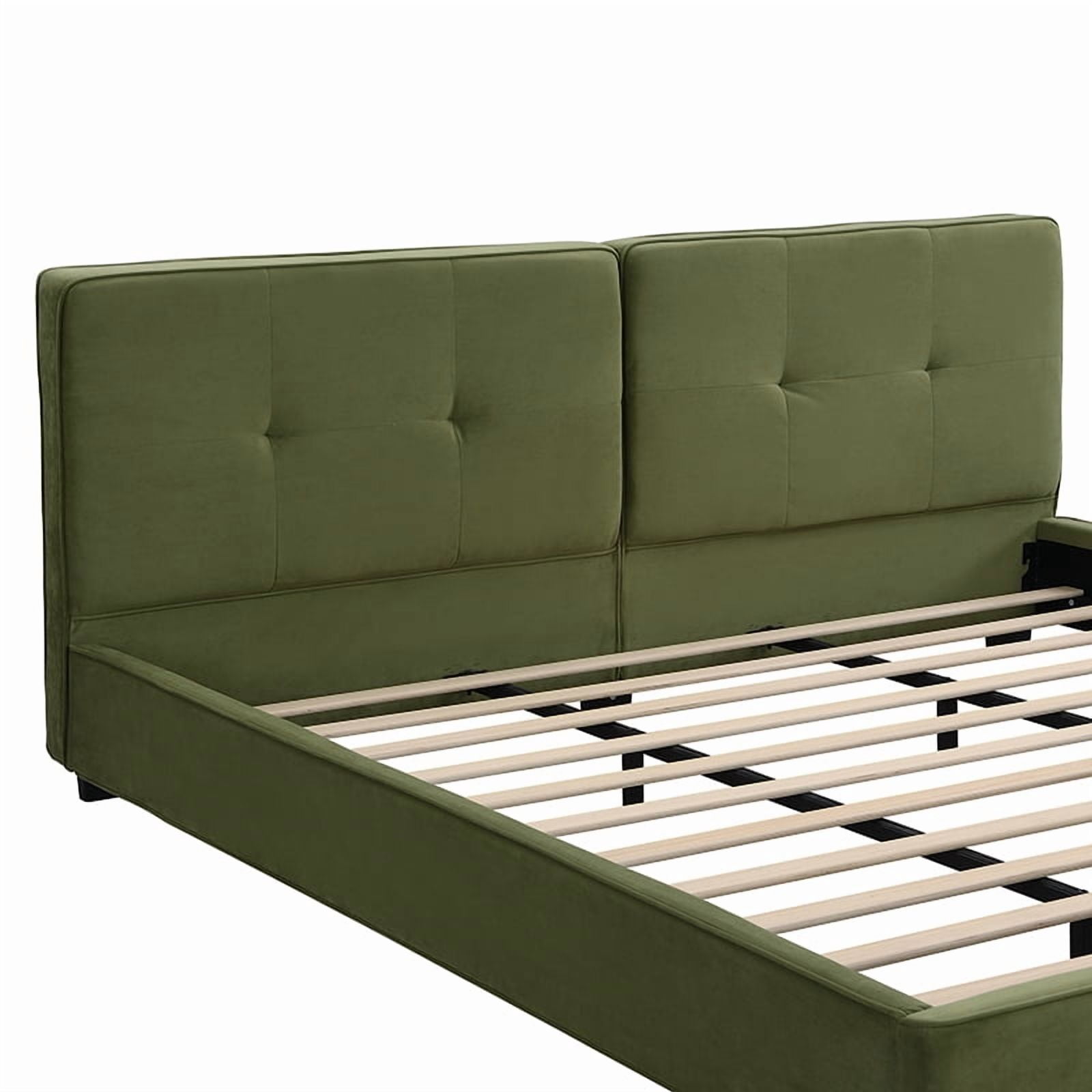 King Size Velvet Upholstered Bed Frame, Platform Bed with Curved Tufted Headboard & Soft Square Corners for Bedroom, Olive Green