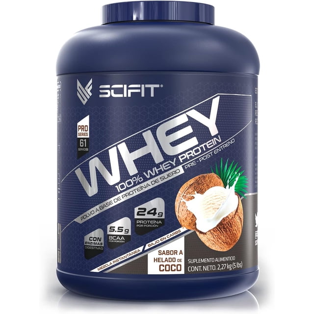 Proteína Whey Scifit, 24 g de Proteína, 100% Whey Protein, 61 Servicios, Sabor Helado de Coco, Post Entrenamiento, Bajo en Carbs, 5lb (2,27 kg)
