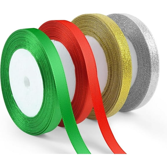 4 Rolls Christmas Ribbon Set - 100 Yards Glitter & Satin Holiday Ribbon for Gift Wrapping & Crafts Festival Ornaments, Wedding Party Decoration (3/8 Inch Wide)
