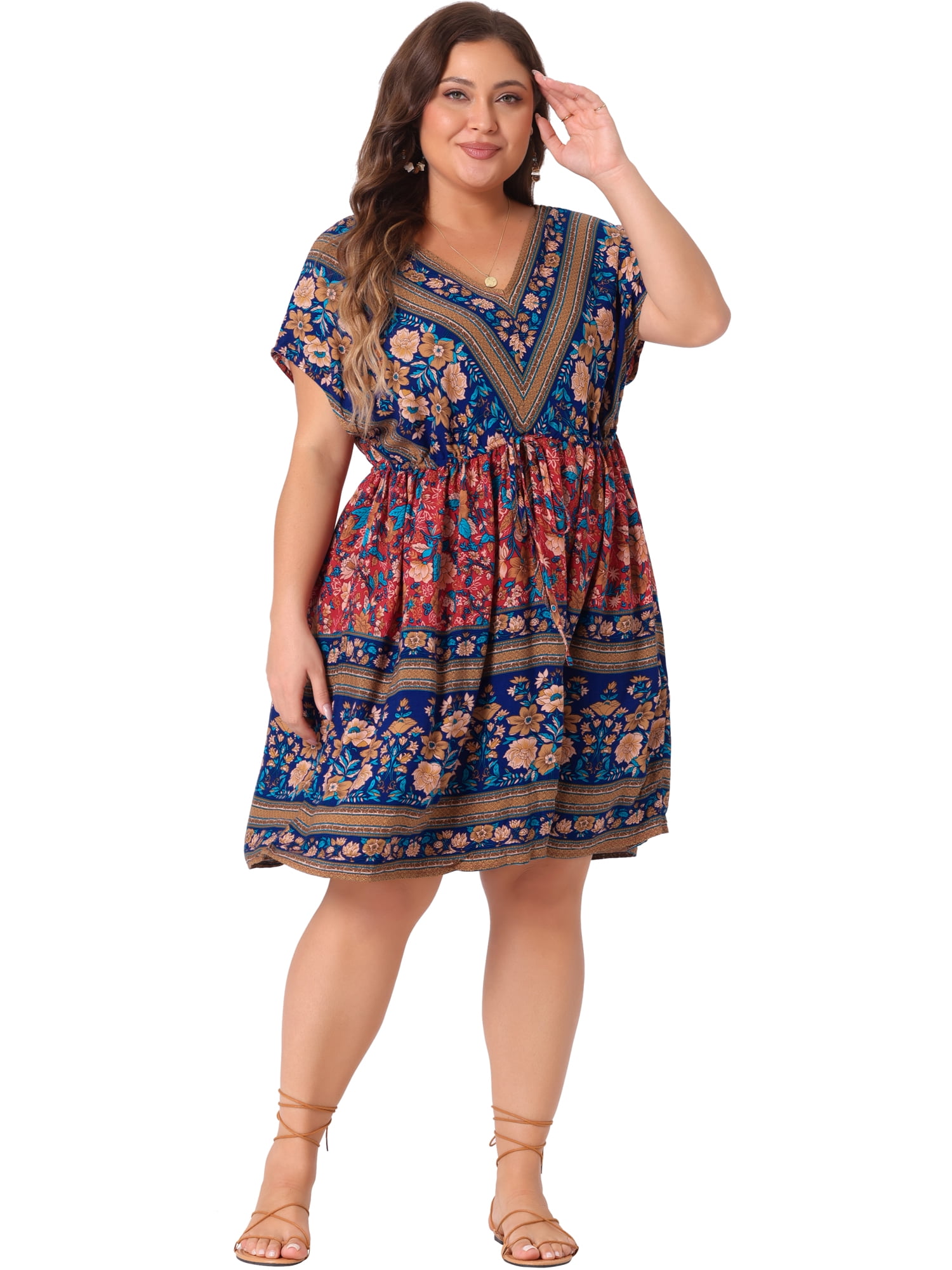 DARING DIVA Women's Plus Size V Neck Drawstring Waist Floral Dress 4X Royal Blue