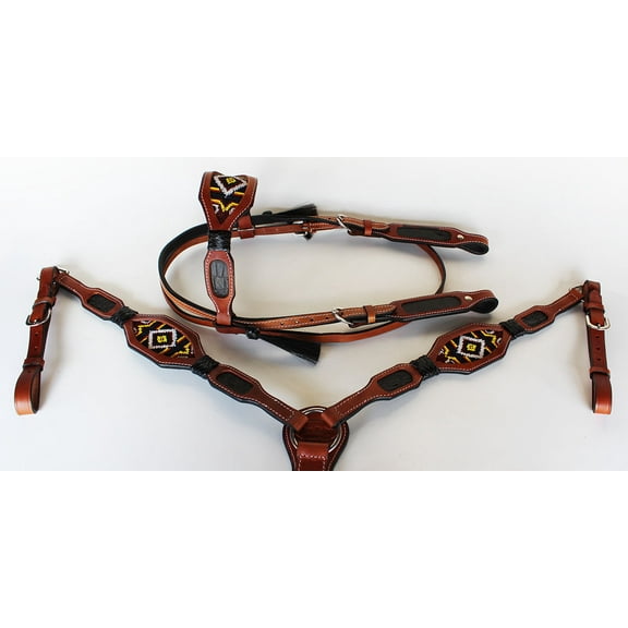 Horse Bridle Western Leather Headstall Breast Collar Show Tack Beaded Brown 7905