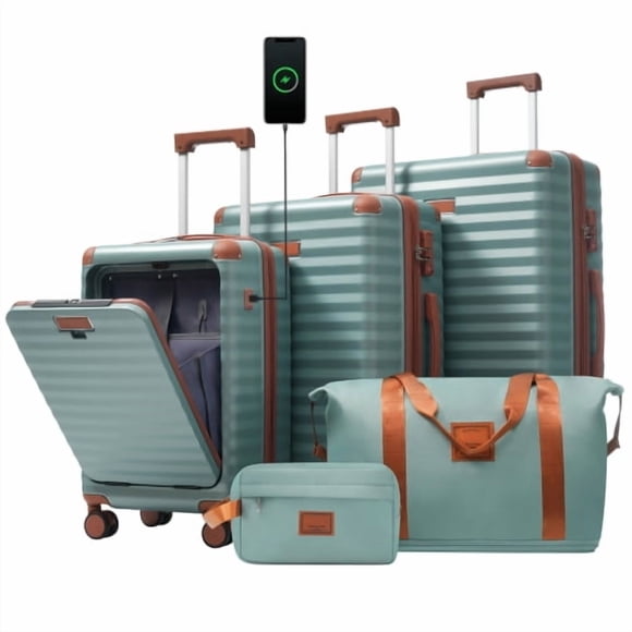 Conjunto de equipaje 5 piezas con apertura delantera, maleta expandible del lado duro con ruedas giratorias Bolsa del portador de la taza del puerto USB de la cerradura TSA y bolsa de aseo