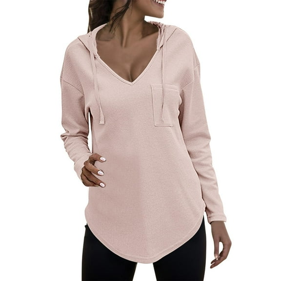 XAOWF Women'S V-Neck Hooded Solid Color Long Sleeve Loose Fit Fashionable Drawstring Sweatshirt With Kangaroo Pockets Arc Hem 2025 Versatile Trendy Pullover