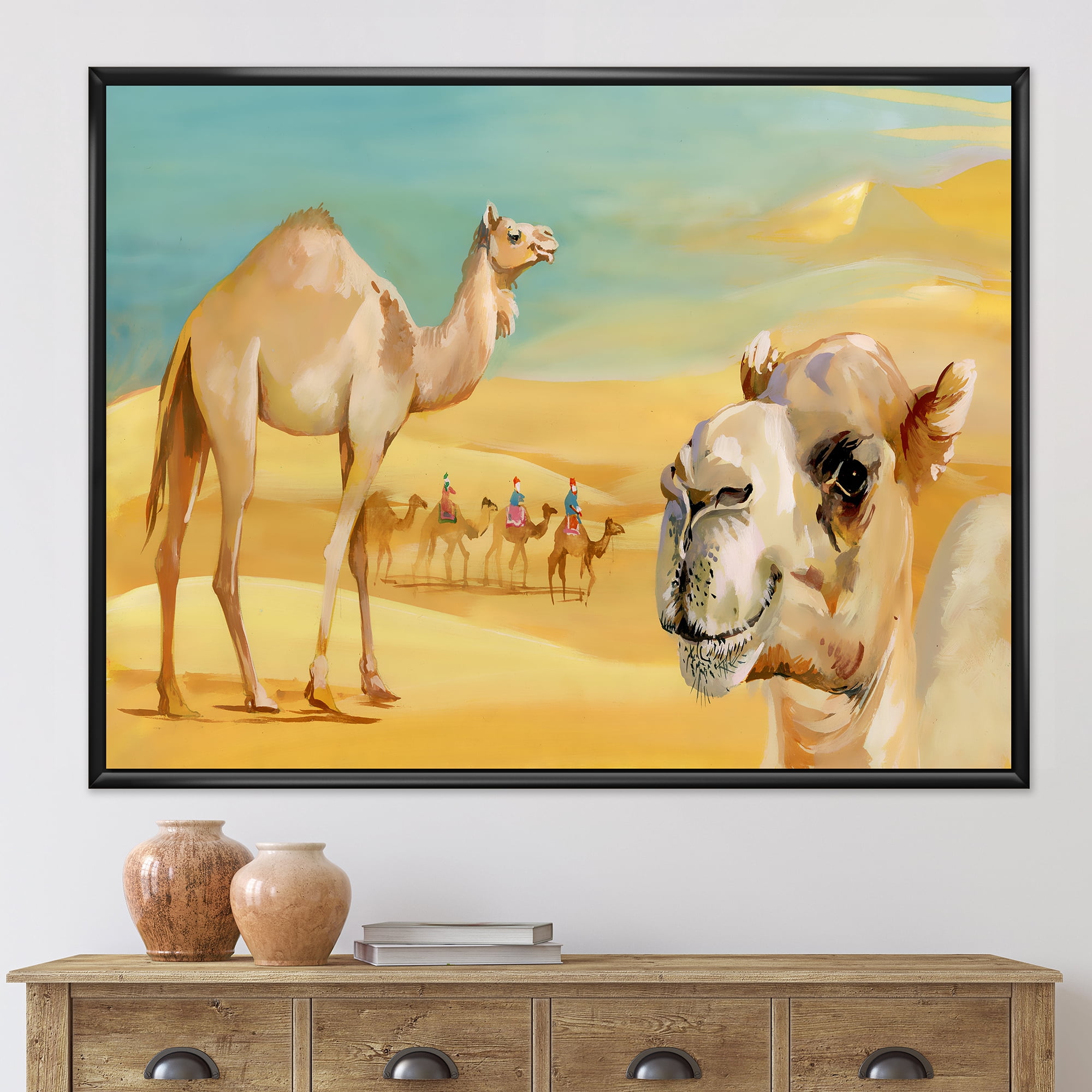 Designart 'Camels In Wild Desert II' Farmhouse Framed Canvas Wall Art Print