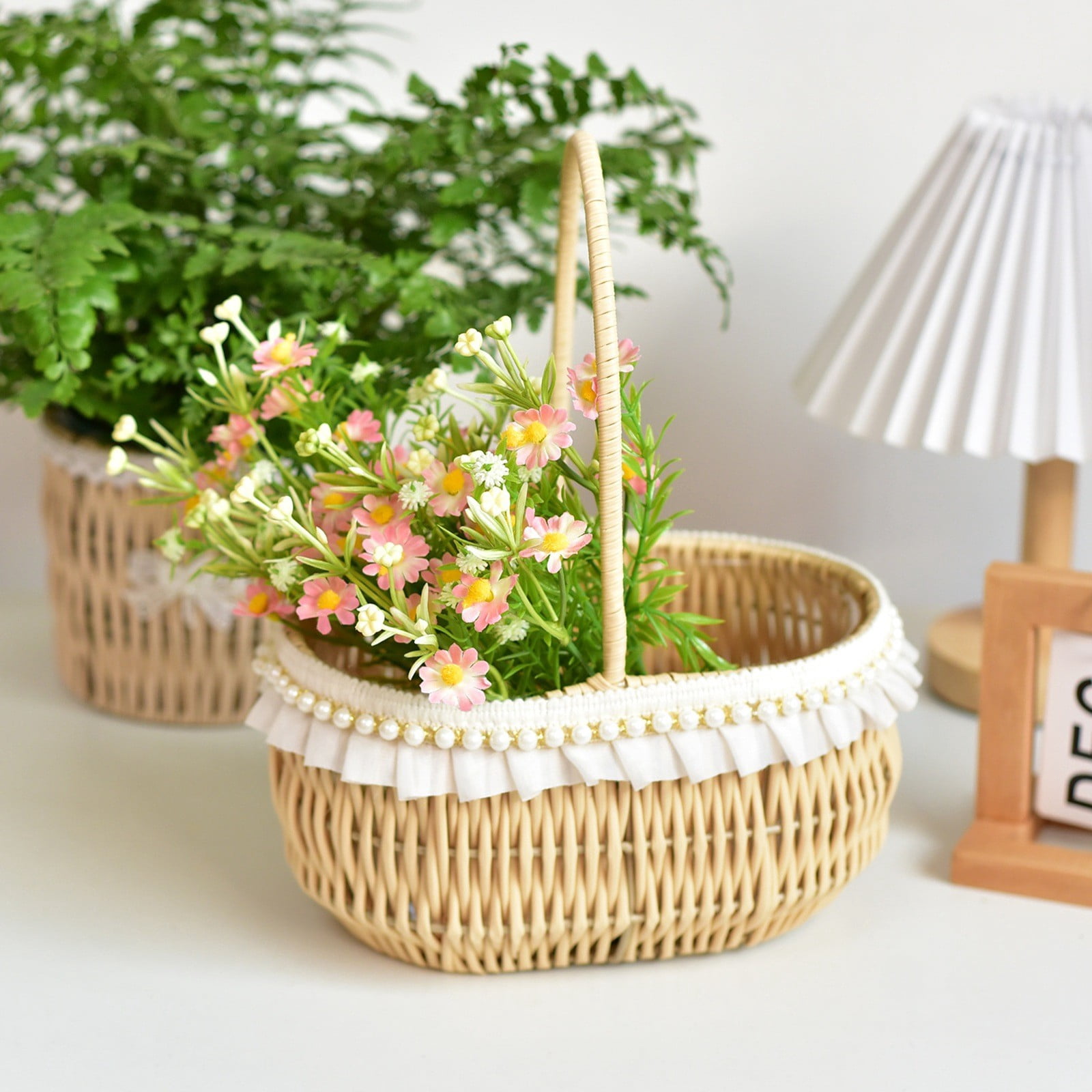 Pearl & Lace Trim Wicker Easter Basket - Handwoven Egg Basket with Handle - Versatile Picnic and Floral Planter for Spring and Weddings