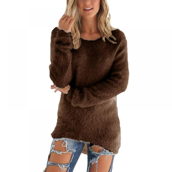 Women's Fluffy Loose Fit Solid Long Sleeve Sweaters Casual Fuzzy Hoodies Soft Comfy Warm Fleece Sweatshirt