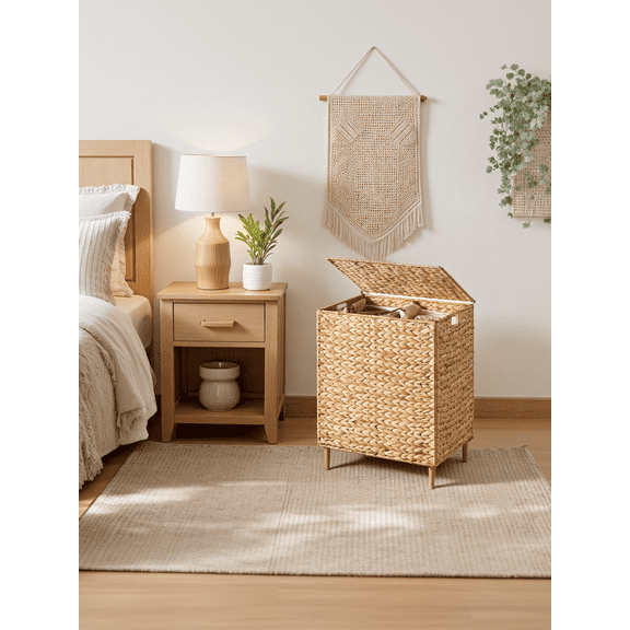 LEDREM 2-Section Handwoven Water Hyacinth Laundry Hamper with Lid, 34.3 Gal Wicker Basket, Removable Washable Liners, Natural