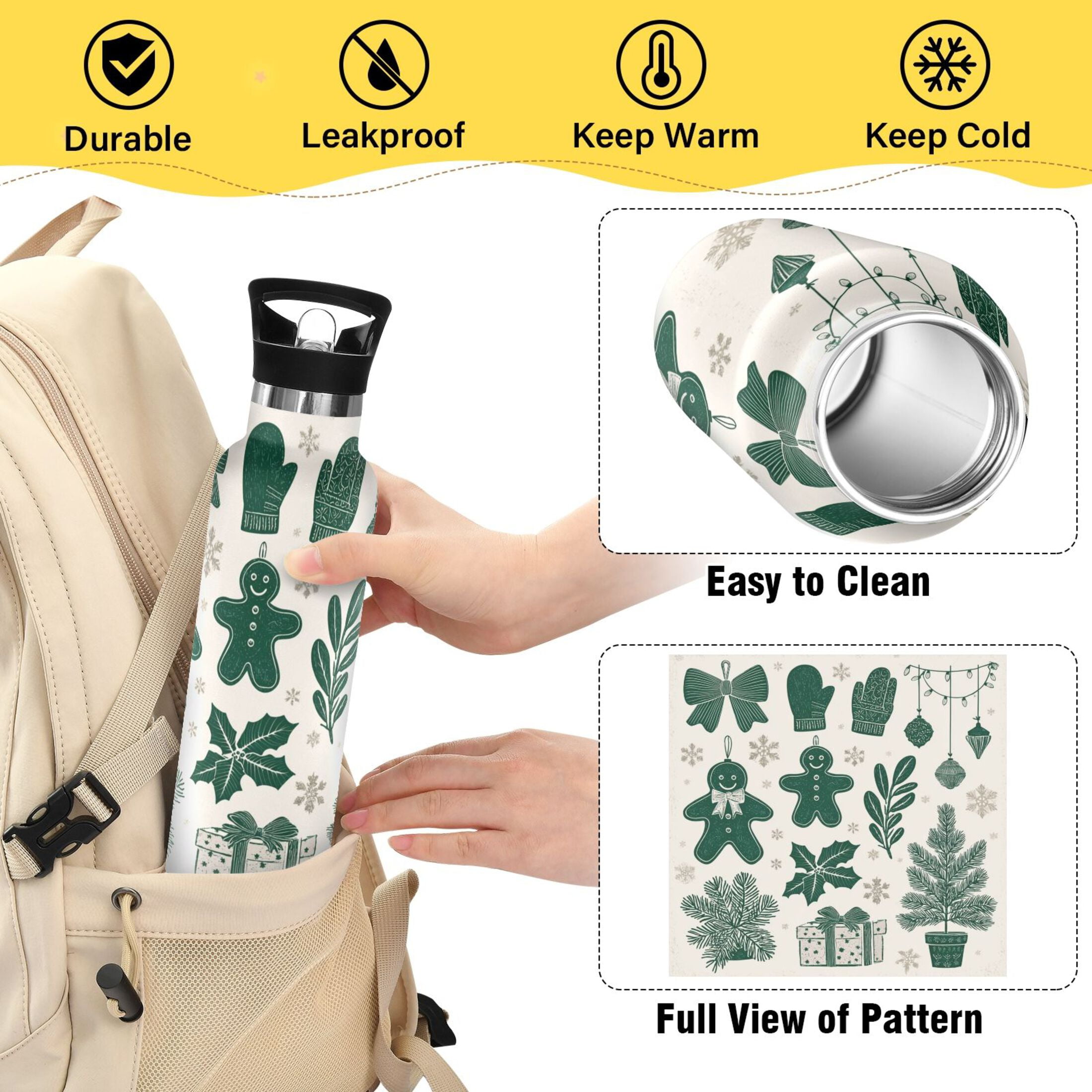 600ML Stainless Steel Insulated Cup Sports Water Bottle Portable Thermos Cup Water Glasses Insulated Tumblers Convenient and Durable Green Gingerbread Man
