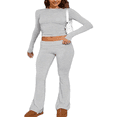 thumbnail image 2 of LYMAYTER Casual Two Piece for Women's Long Sleeve Crew Neck T-shirt High Waist Foldover Flare Pants Sets, 2 of 9