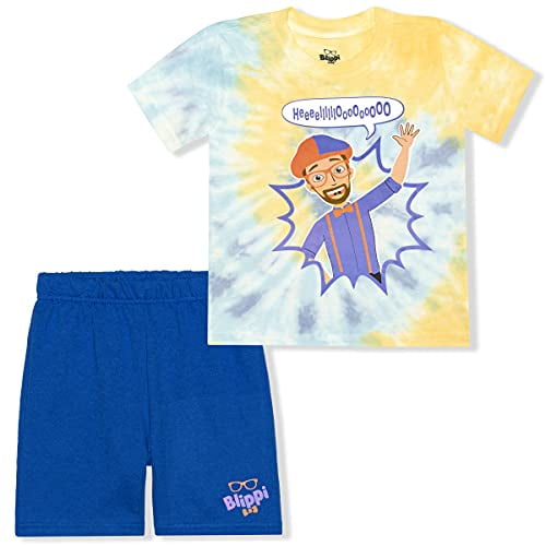 Blippi Boy s 2 Pack Short Sleeve Tee Shirt and Jersey Shorts Set, Blue Tie Dye, Size 2T