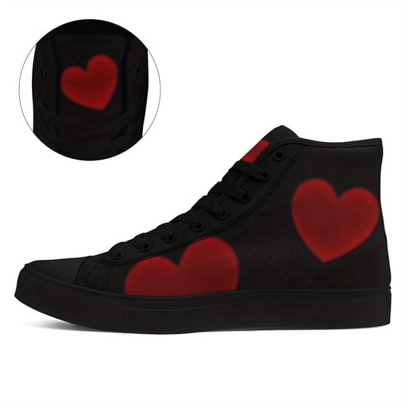 Coolcustomize Unisex Sweetheart Heart Pattern High-Top Sneakers - Stylish Black & Red Design, Durable & Fabric, Rubber Sole, Lace-Up Sneakers for Casual Wear, Perfect Gift for Couples | Trendy Boots