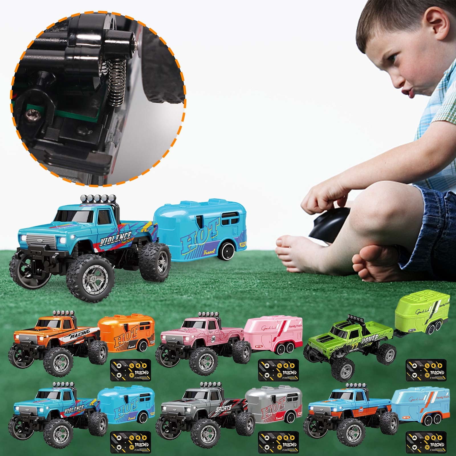 Mini Monster Truck, Mini Monster Truck 1:64 Scale Alloy, 2.4 Ghz Rc Semi Truck with Trailer, Monster Truck Remote Control Car with Lights