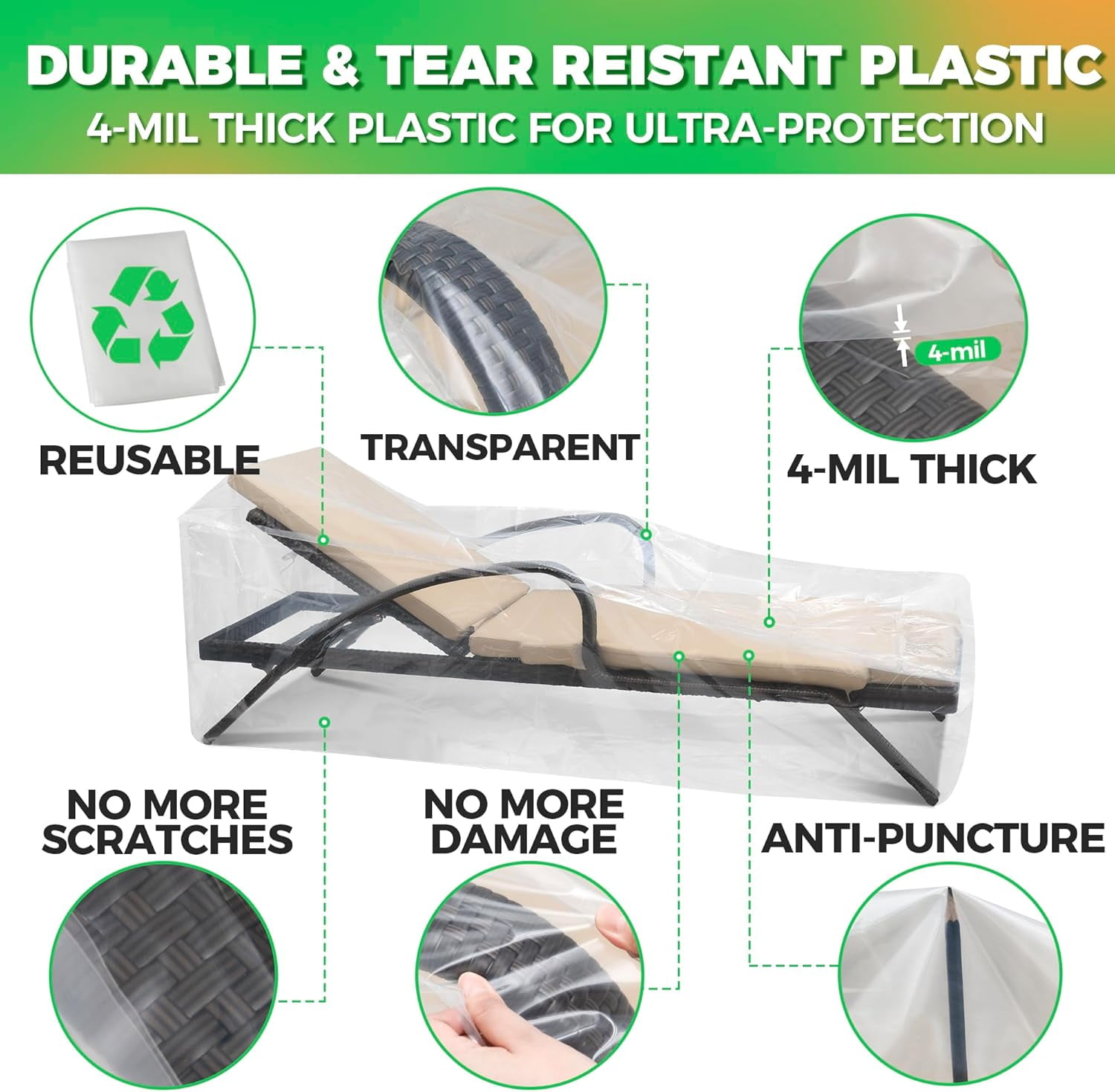 2-Pack Waterproof Outdoor Chaise Lounge Covers for Patio Furniture - Reusable & Heavy-Duty Clear Plastic Outdoor Furniture Covers Waterproof for Lounge Chairs, 84" x 32" x 32"