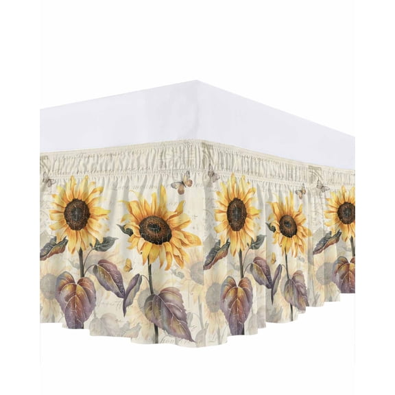 Sunflower Bed Skirt Queen Size, Yellow Summer Botanical Floral Farmhouse Wrap Around Bed Skirting with Adjustable Elastic Strap, Dust Ruffle Pleated Bedskirts 18 Inch Drop for Bedroom Queen Beds