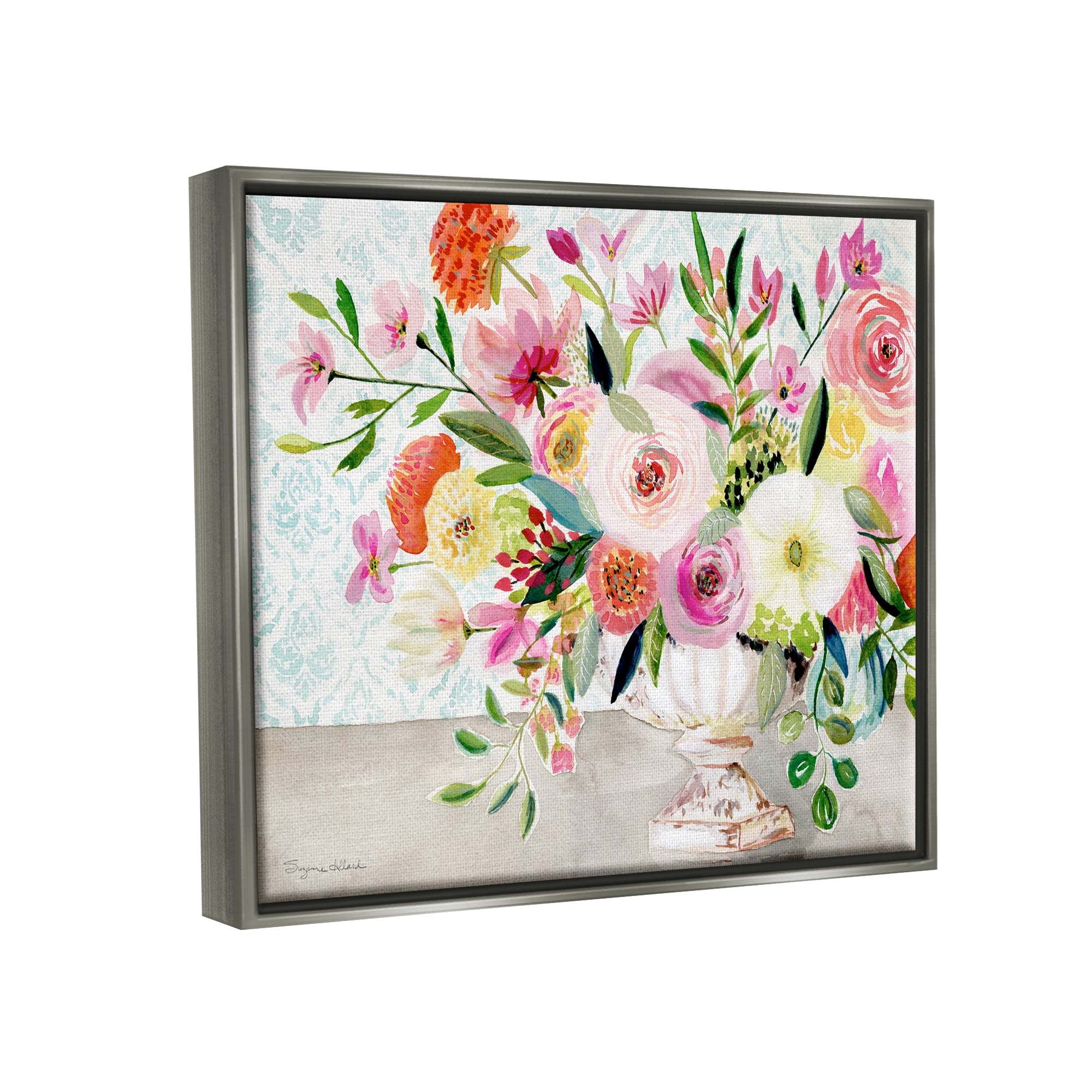 Stupell Industries Pink & Red Peonies Ornate Vase Botanical & Floral Painting Gray Floater Framed Art Print Wall Art