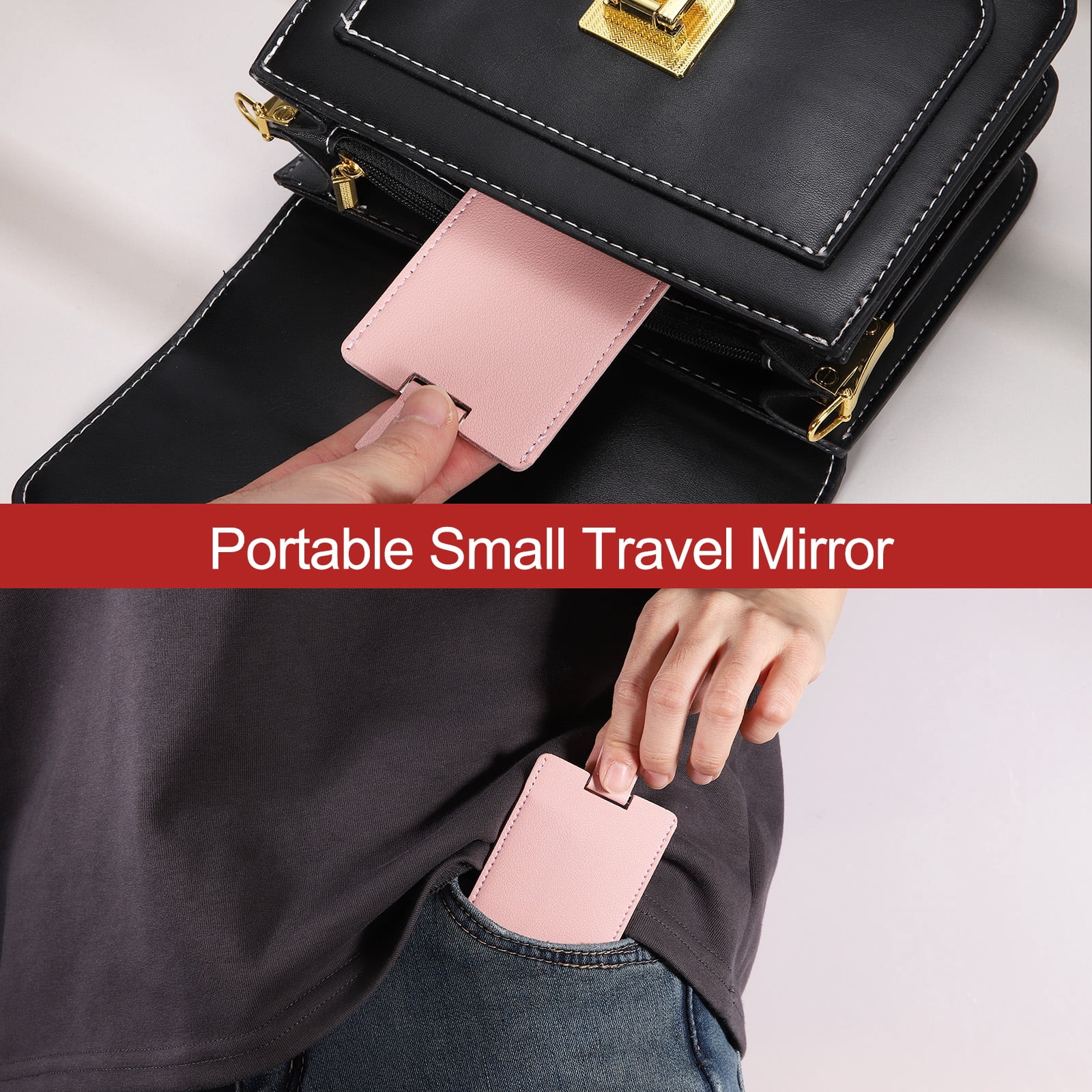 Unique Bargains Small Pocket Mirror Purse Stainless Steel PU Leather White