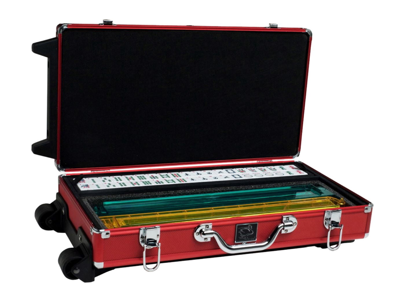 White Swan American Mahjong Set in Wheeled Red Case - Ivory Tiles - Modern Pushers
