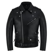 Men Motorcycle Brando Leather Jacket Distressed Zip Up Side Lacing Motorbike Jackets Black-42