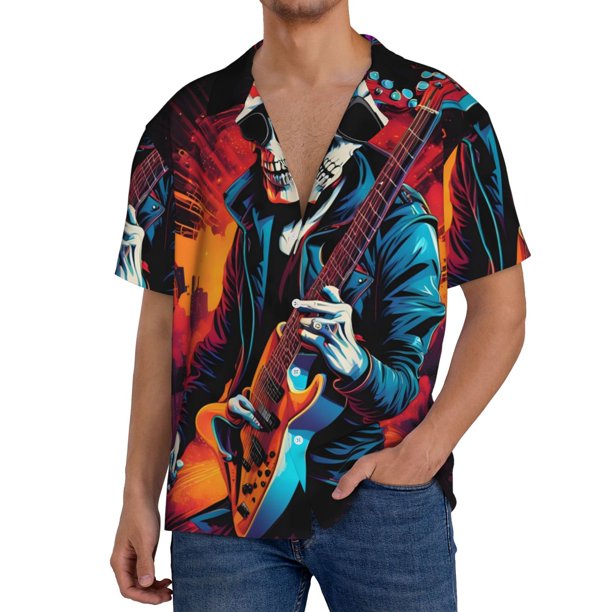 Fotbe Rock Skull Singer Camisa Estampada de Manga Corta para Hombre, Casual de Verano, Estilo Playero, Sin Arrugas-X-Large