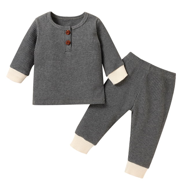 Hiiyo Boys Solid Ribbed Long Sleeve T-Shirt and Long Pants 2Pcs Outfits