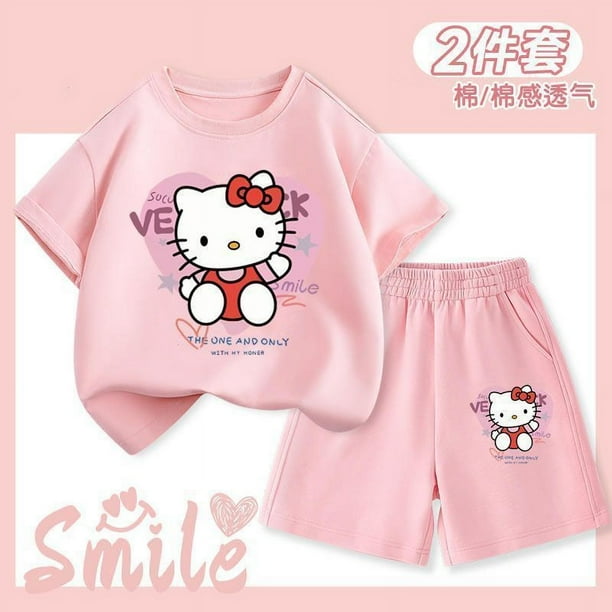 2Pcs Hello Kitty Children T-Shirt Set New Anime Sanrios Kawaii Cartoon Fashion White Short Sleeve Shorts Summer Beach Sportswear