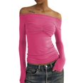 thumbnail image 1 of Long Sleeve Off Shoulder Top Women Elegant Pure Color Slim Fit Mesh Ruched T Shirt Blouse For Party, 1 of 5