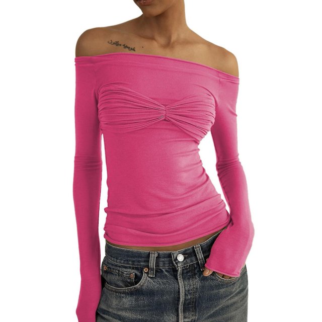 Long Sleeve Off Shoulder Top Women Elegant Pure Color Slim Fit Mesh Ruched T Shirt Blouse For Party