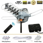 Five Star 360 Degree Rotation Outdoor TV Antenna with Remote Control, 150 Miles Long Range, UHF VHF FM Radio 40FT Cable 4-way Splitter Support 5 TVs