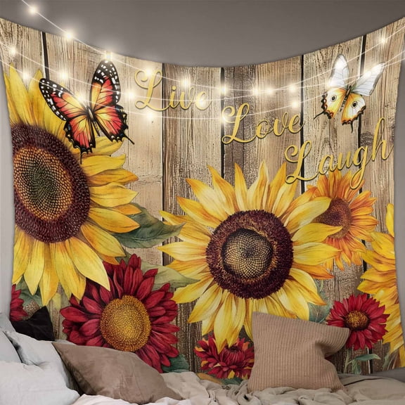 Sunflower Brown Wooden Tapestry for Bedroom Wall Hanging Tapestry, Vintage Flowers Butterfly Ceiling Backdrop Tapestries Poster Blanket Wall Decor for Teens Room Living Room Dorm 59" x 79"