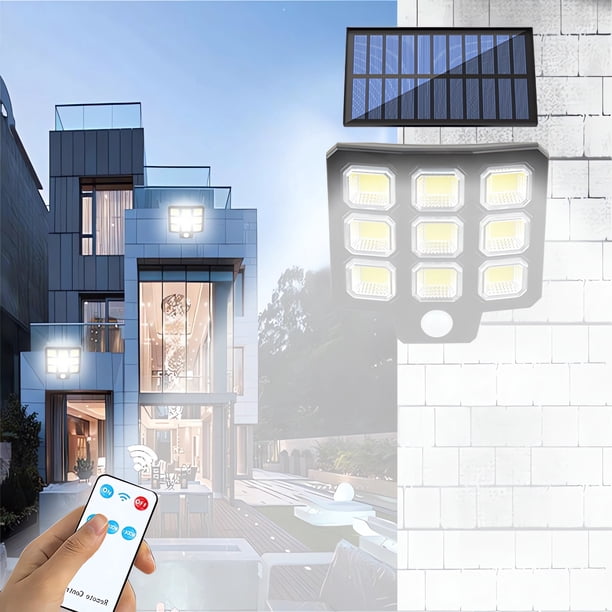 Lámpara solar de pared con sensor de movimiento | Luz LED COB para exteriores, con energía solar, para jardín, patio, garaje y control remoto | Resistente al agua, con 3 modos de brillo ajustables