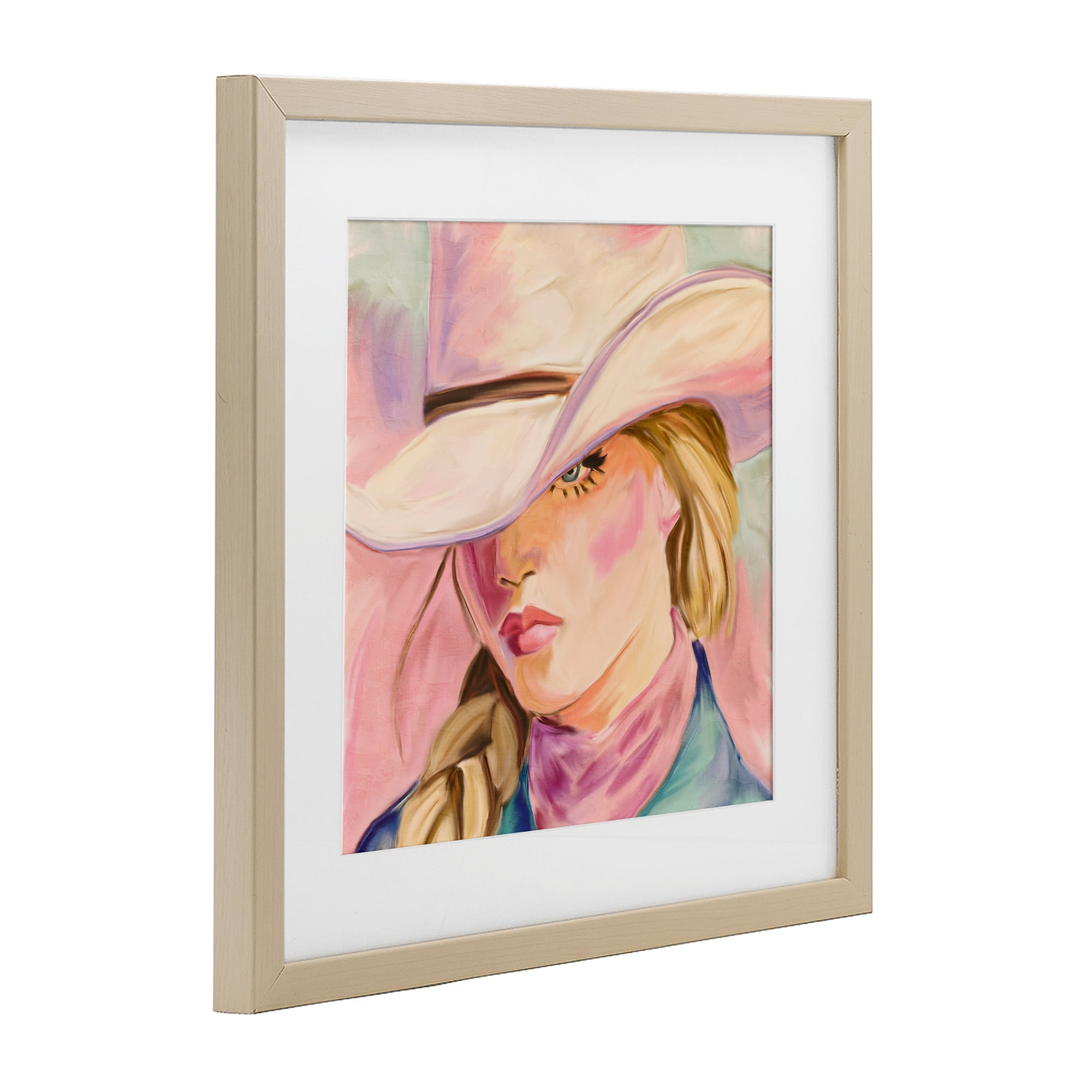 Pastel Cowgirl Gaze Beneath Hat Birch Framed Print Under Glass, design by Kim Allen