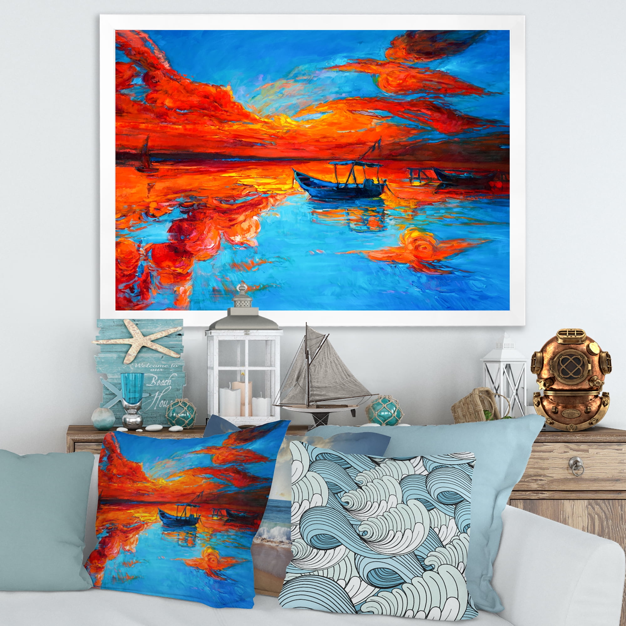 Boats During Warm Sunset Resting On The Water VI 32 in x 24 in Framed Painting Canvas Art Print, by Designart