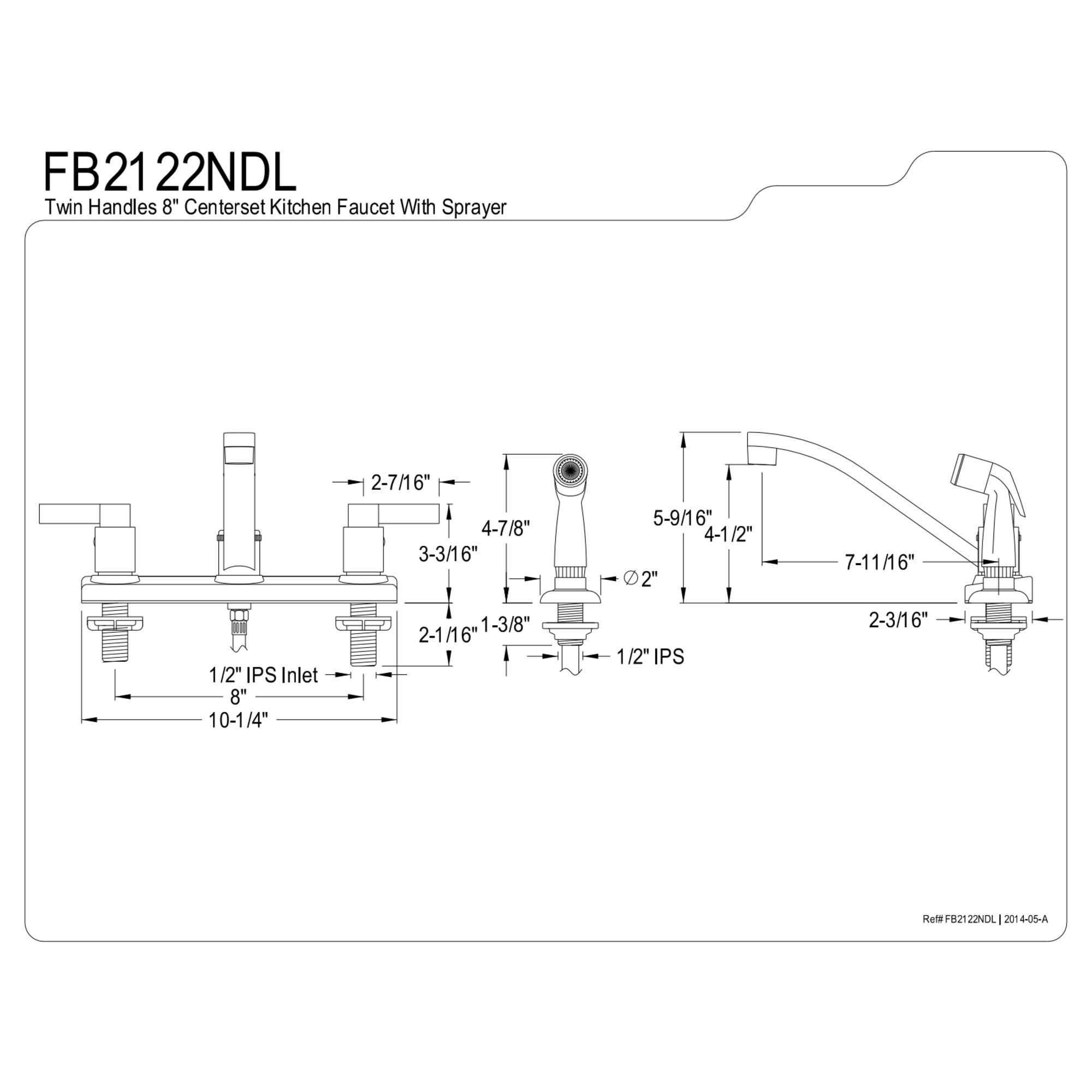 Kingston FB2122NDL NuvoFusion Two-Handle 4-Hole 8" Centerset Kitchen Faucet with Side Sprayer in Polished Chrome