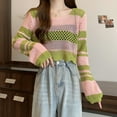 thumbnail image 4 of BUYISI Y2k Women Knitted Crop Top Long Sleeve Crochet Stripe Shirt Pullovers Streetwear Green, 4 of 9