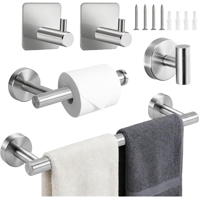 Juego de Accesorios de Baño Ganchos, 304 Acero Inoxidable, Incluir Toallero Baño 41 cm + Portarrollos para Papel + 3 Gancho Adhesivo, Adecuado para Uso doméstico, baño y Cocina