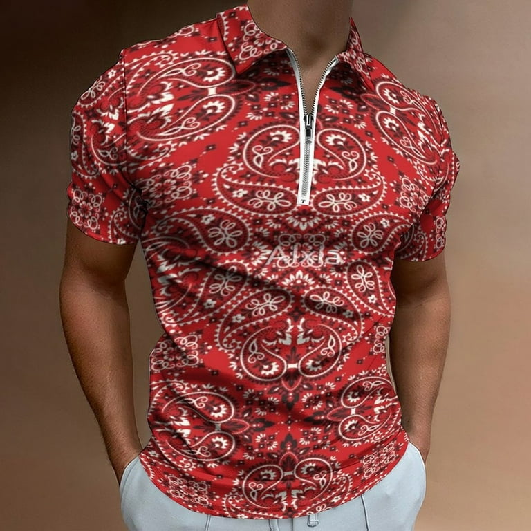 Bandana Style Print Men Zipper T-shirt Summer Casual Short Sleeve