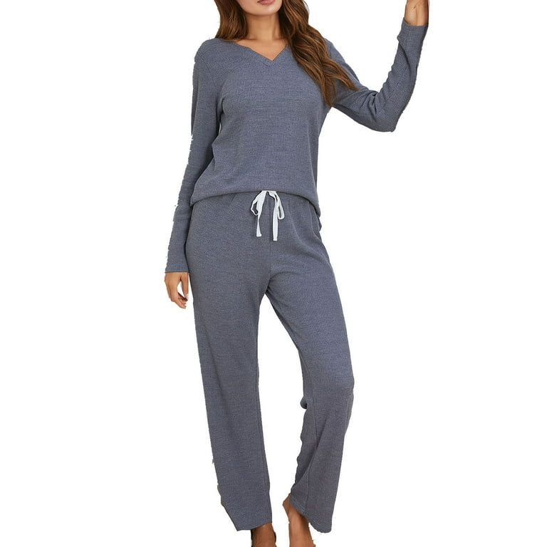 Pajamas for Women Soft Comfy 2-Piece Waffle Knit Set Solid Relaxed-Fit Long  Sleeve V-Neck Tee Shirts Straight Pants Lounge Set