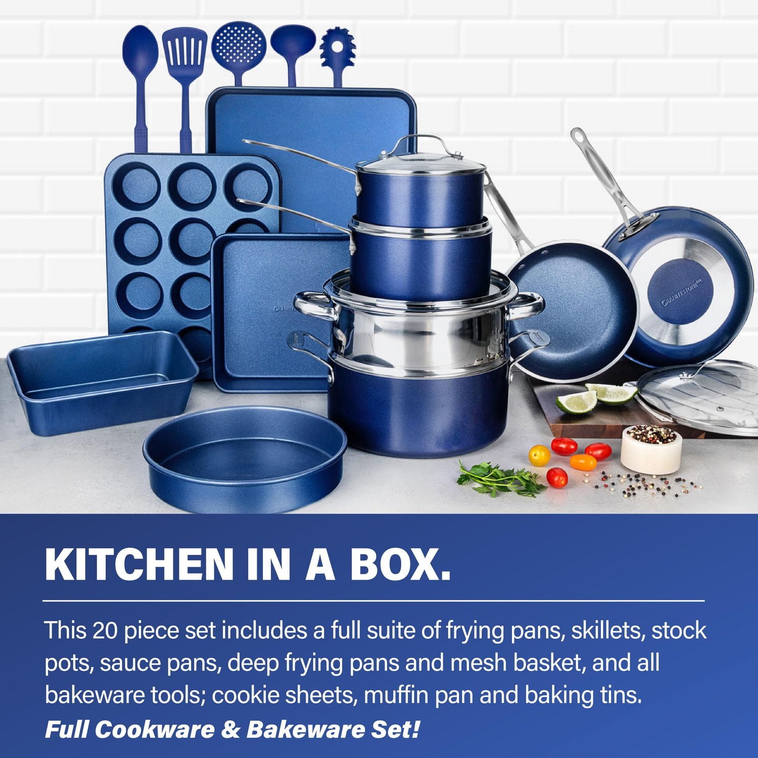 Granitestone Blue 20 Piece Pots and Pans Nonstick Kitchen Cookware Set with Utensils and Bakeware, Oven Dishwasher Safe