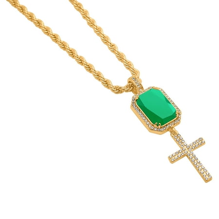 Yellow Gold-Tone Iced Out Hip Hop Bling Cross with Rectangle Simulated Emerald Pendant with 24" Solid Rope Necklace Chain