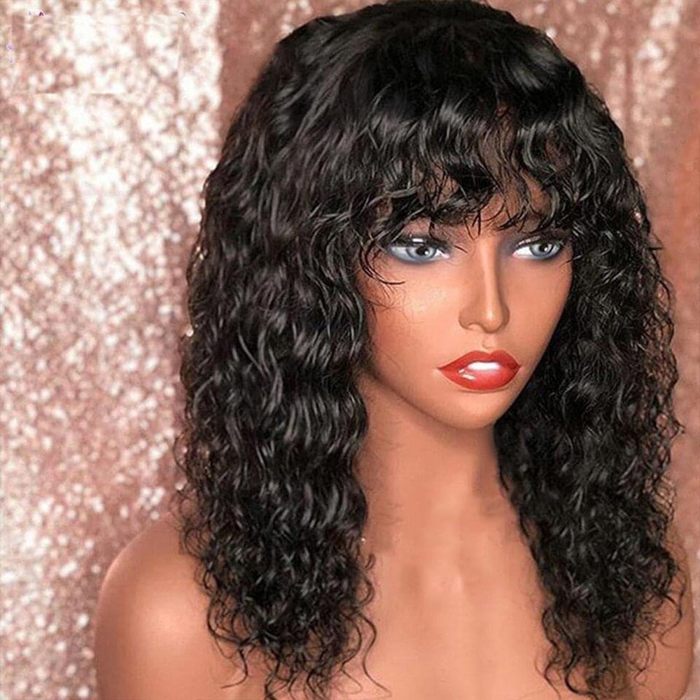 Water Wave Wig With Bangs Human Hair Look Bang Wig 180% Medium Length Curly Wigs