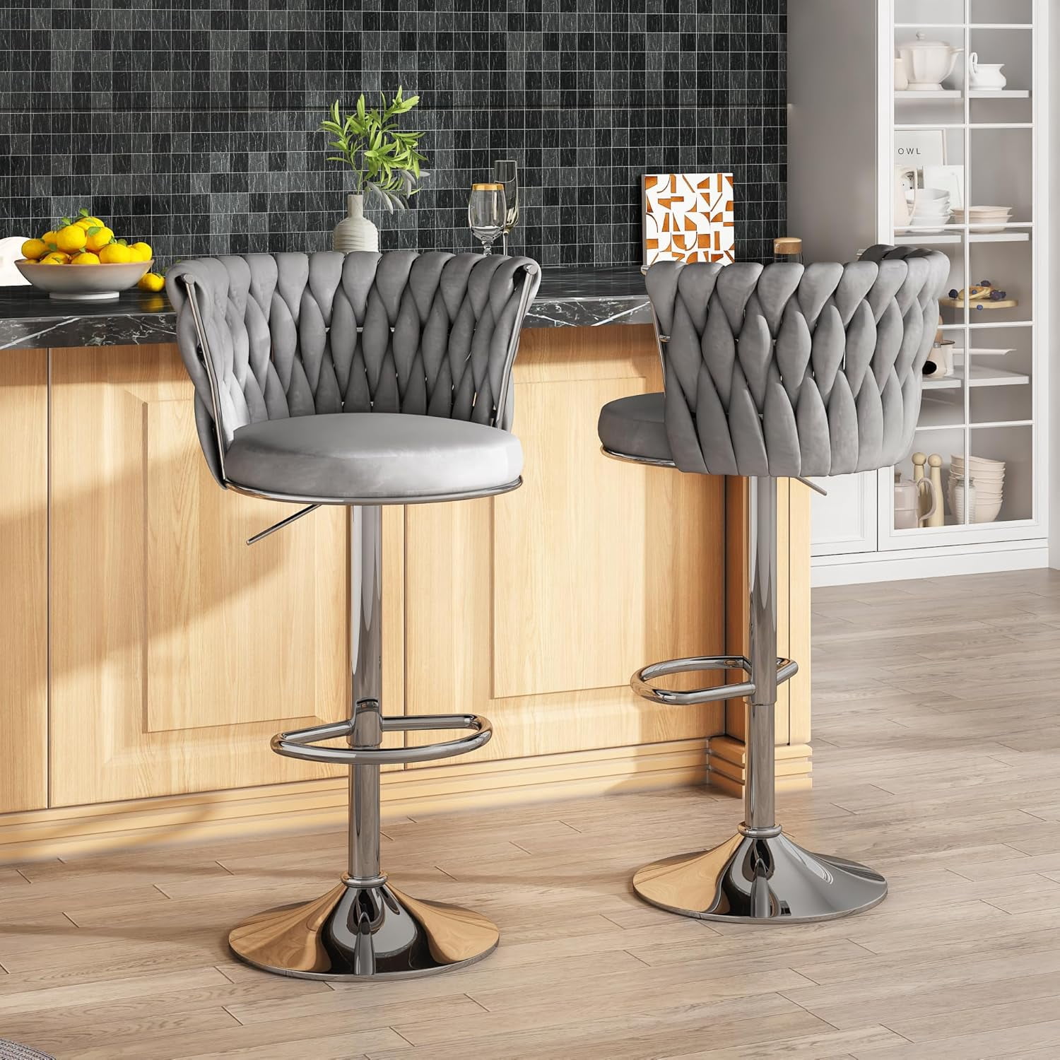 LinkRomat Velvet Bar Stools Set of 2,Swivel Counter Height Bar Stools with Backrest and Footrest,for Kitchen Island Dining Chairs,Gray