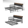 thumbnail image 2 of DEALTOPS Twin Daybed with Trundle, Upholstered Metal Bed Frame with Charging Station & LED Lights, Dark Gray, 2 of 8