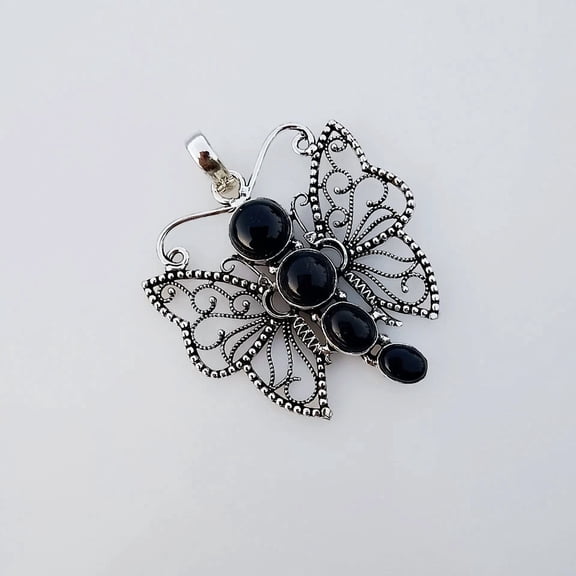 Black Onyx Butterfly Pendant 925 Sterling Silver Natural Gemstone Jewelry 2.36"