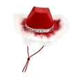 thumbnail image 4 of Sombrero de vaquera rojo para mujer, con plumas y lentejuelas, ala ancha, novedoso sombrero de vaquero. Pluma ordinaria, 4 of 7