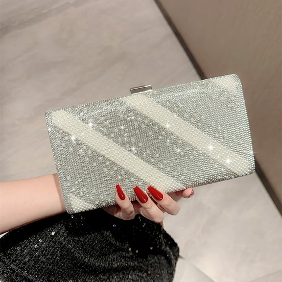 Girl Pearl Stripe Envelope Clutch Bag, Women's Pearl Stripe Envelope Evening Clutches Wedding And Party Purse- Pearl