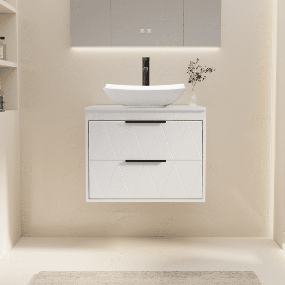 24" Wall Mount Single Bathroom Vanity with Vessel Sink, Floating Cabinet Manufactured Wood Top, Faucet, Drain