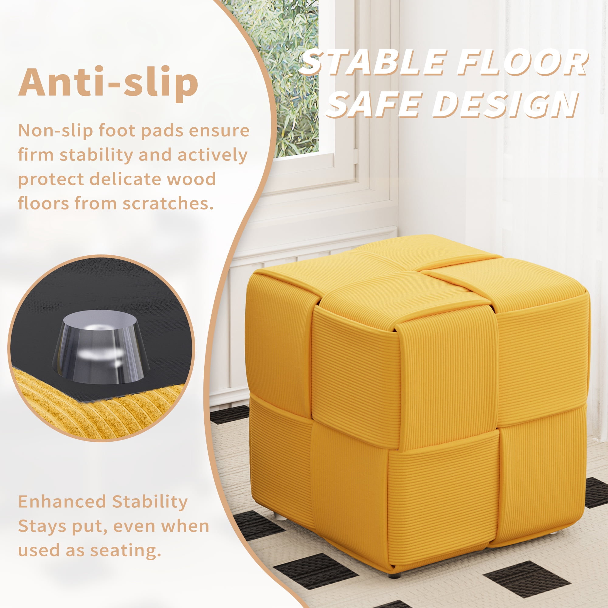 Corduroy Ottoman Foot Rest, Square Upholstered Stool with High-Density Foam and Wood Frame, 300 Lbs Capacity, Multi-Purpose Footstool for Living Room Bedroom Nursery, Yellow