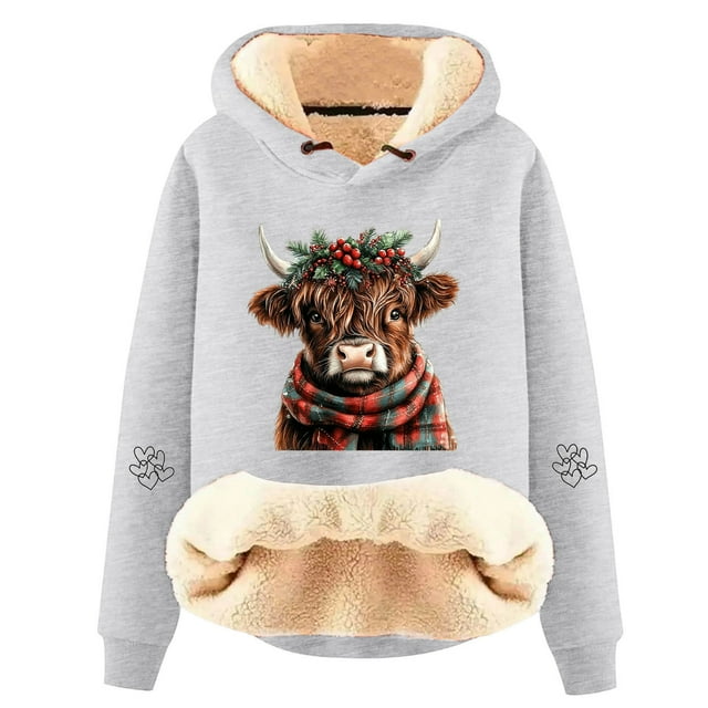Demi-chandail Court Mignon à Capuche Graphique Asymétrique à Fermeture Éclair pour Femmes, Chandails en Molleton Courts, Chandails Décontractés avec Imprimé Vache Adorable, Chandail à Manches Longues à la Mode pour un Confort Douillet Gris TTTTG