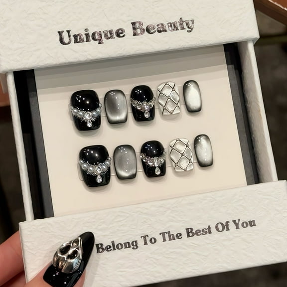 Koyo Soyo Press On Nails Short Square Acrylic Moonlit Wishes Black White Shimmering Stars Handmade French Kits for Women Long Lasting